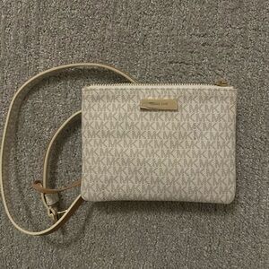 Michael Kors Cream Logo Print Crossbody Bag with Tan Strap